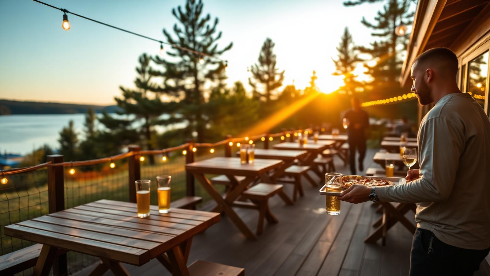 Terrasse einer Campingplatz-Gastronomie am Abend