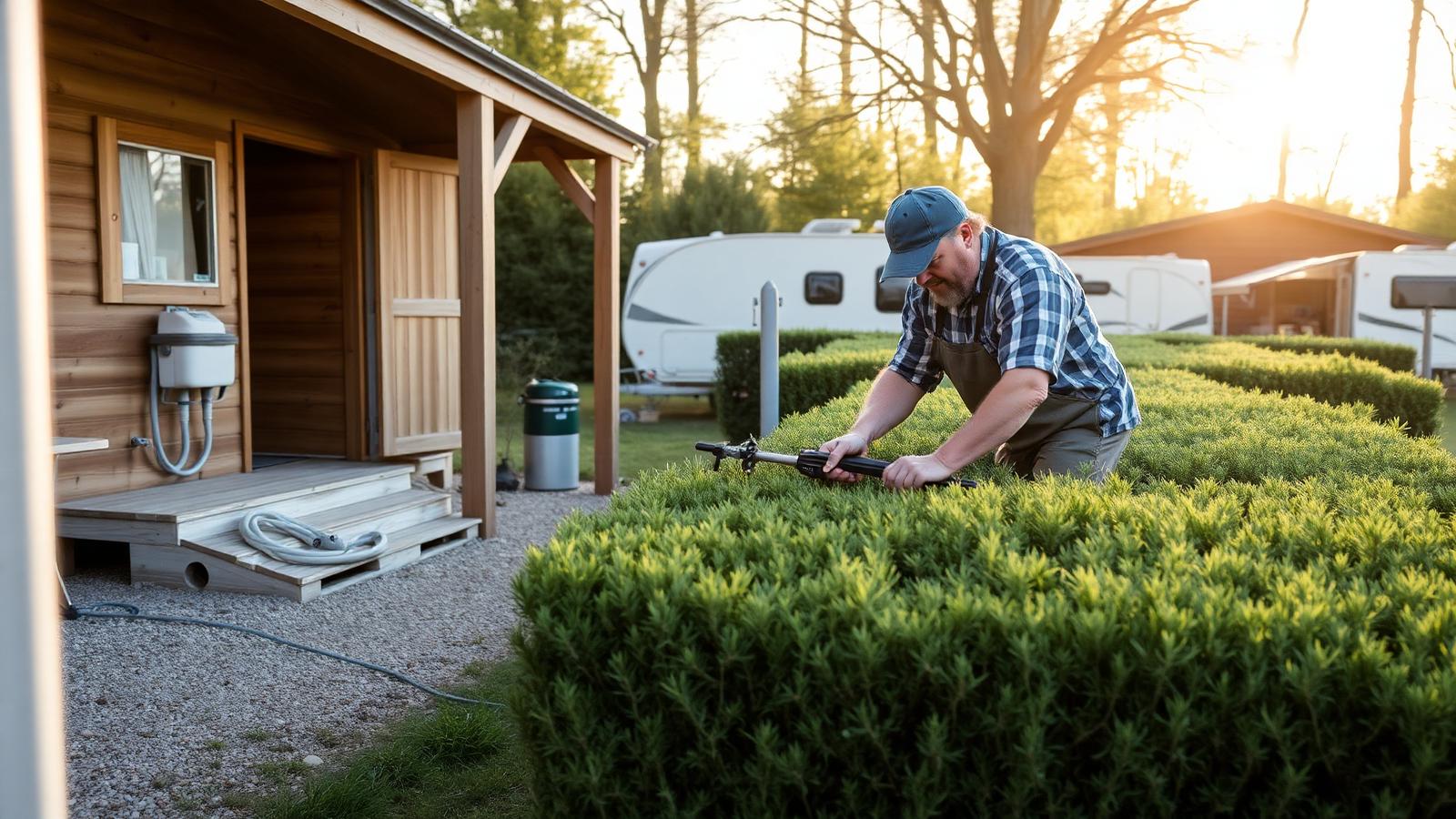 Platzwart schneidet Hecken auf einem Campingplatz